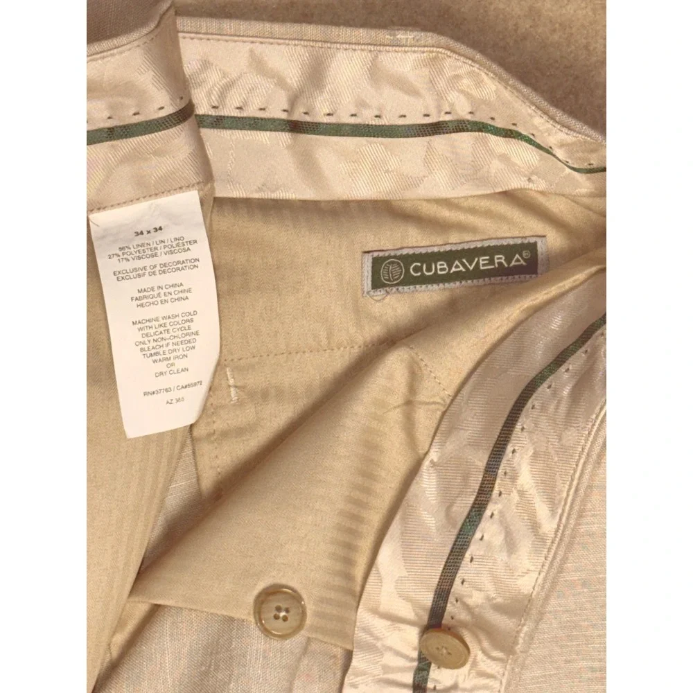 Cubavera Mens Beige Linen Blend Flat Front Dress Pants Tan 34x34 Straight Leg